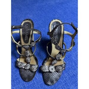 CHANEL Wedges, Sandals 38.5 Echtleder Python Silver